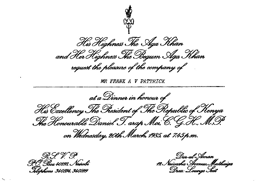 His Highness the Aga Khan 1970 invitation to Frank Pattrick
