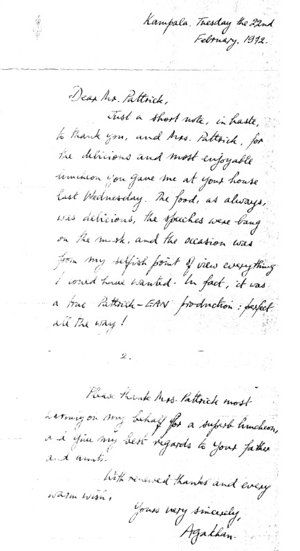 His Highness the Aga Khan's 1972 partial thank you letter to Frank Pattrick