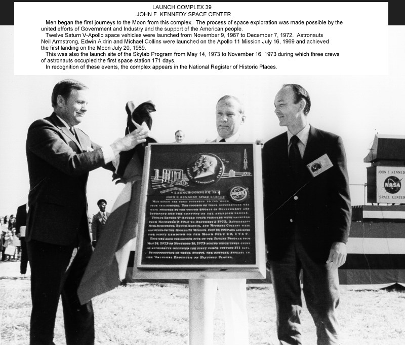 ap11-74-H-551_Apollo 11 astronauts at Launch Complex 39 for unveiling of National Landmark plaque