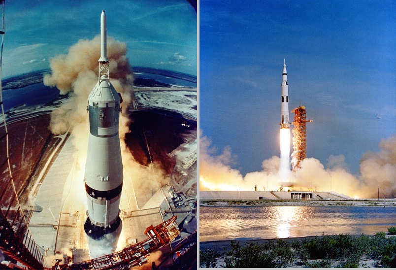 ap11-S69-39961_Apollo 11 liftoff collage as viewed from the launch tower and clearing ground