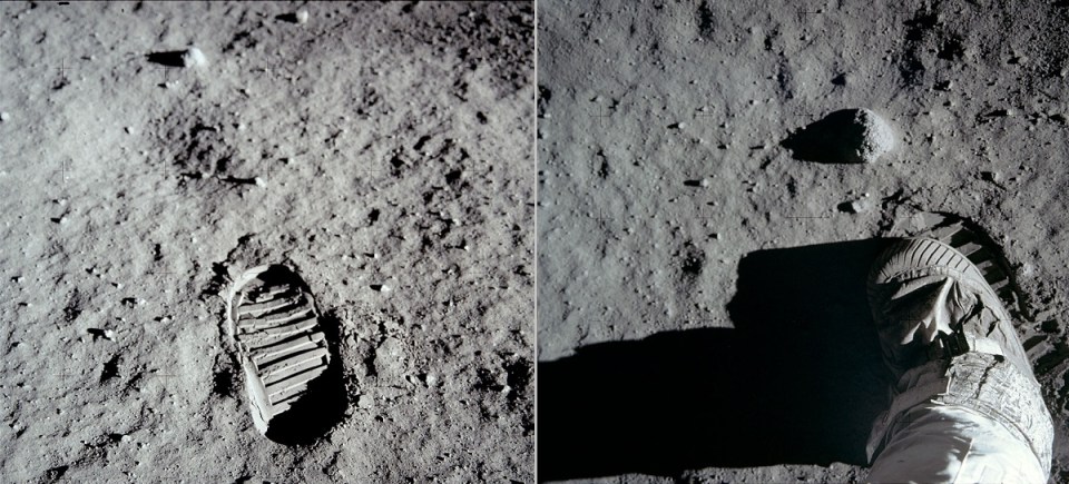 AS11-40-5877_Aldrin's bootprint and footprint in the lunar soil