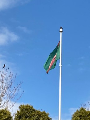 Aga Khan Park Flock of Birds, Flag of Ismaili Imamat, Toronto, Ontario and Maple Leaf. Simerg photos, Malik Merchant