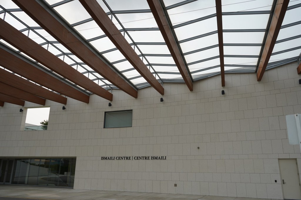 A view of the main entrance of Toronto's Ismaili Headquarters Jamatkhana and the Ismaili Centre on 49 Wynford Drive. July 25, 2021. Photo: