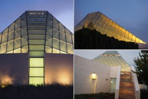 The lit-up crystalline glass dome of the Ismaili Headquarters Jamatkhana, part of the Ismaili Centre Building.