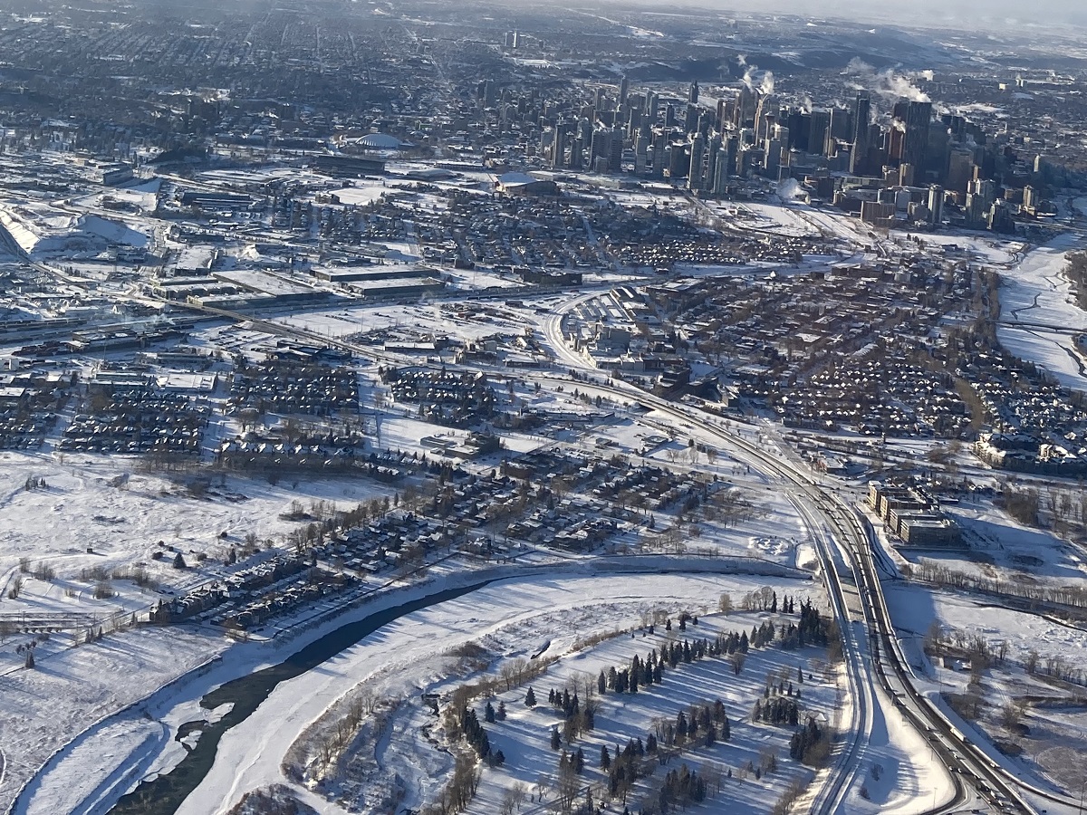 From the plane, bitterly cold Calgary, -28C, January 4, 2022. Photo: Malik Merchant/Simergphotos.