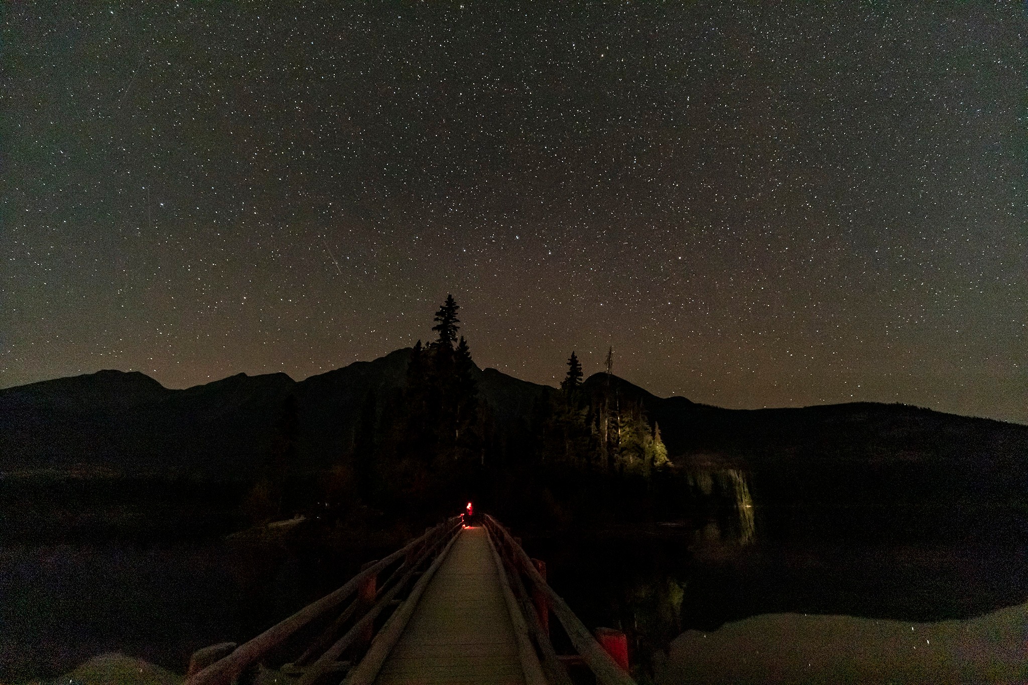 The Big Dipper (Ursa Major) rising beyond the bridge to Pyramid Island, Jasper National Park