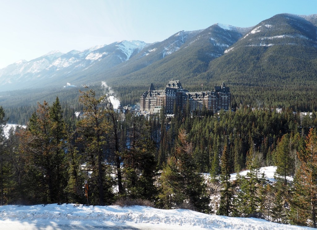 A view of the iconic Fairmont Banff Springs Hotel from the Surprise Corner Viewpoint,