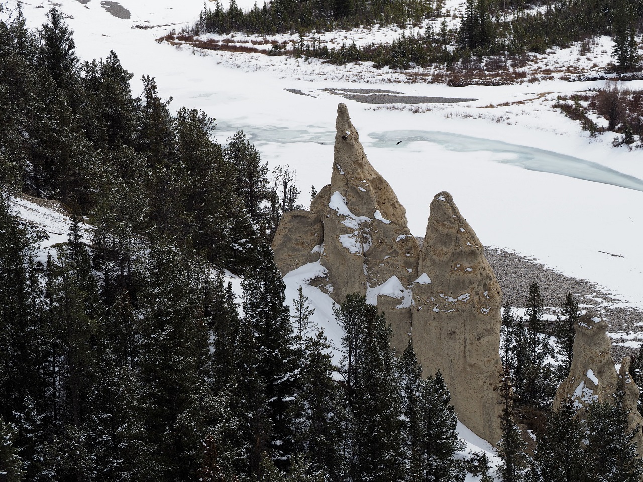 A view of The Hoodos and the Bow River from lookout point on Tunnel Mountain Road, Banff; March 26-29, 2023. Photograph: Malik Merchant/Simerg Photos