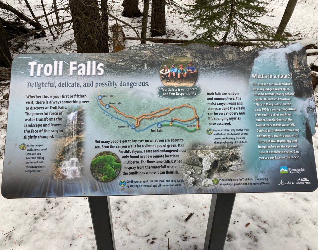 A panel introducing Troll Falls, Kananaskis Country, Alberta, Photograph: Malik Merchant/Simerg Photos.