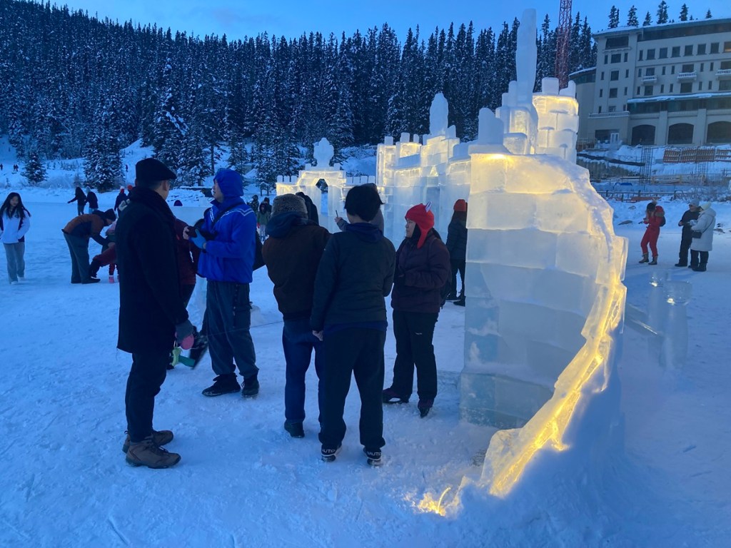 "Ice Magic" -- a beautiful ice sculpture on Lake Louise in front of the Fairmont Chateau; Banff National Park,
