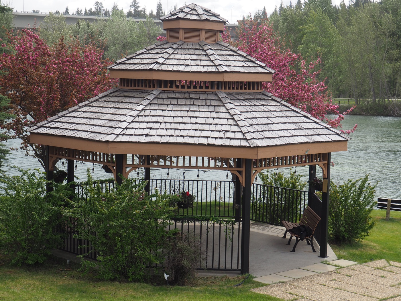 Gazebo by the Bow River on the grounds of the Al Azhar Event Centre, Calgary, Canada, May 31, 2024.