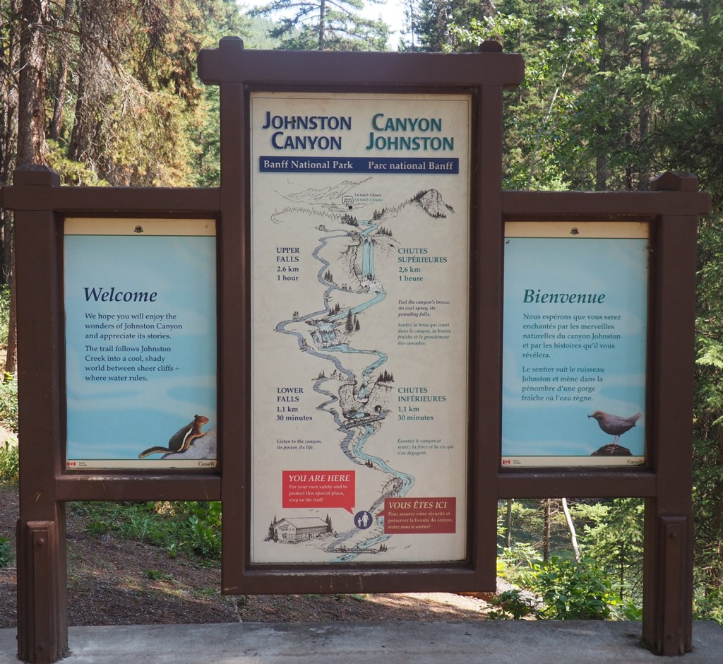 Trail guide and amp, Johnston Canyon, Bow Valley Parkway, Hwy 1A runs between Banff and Lake Louise