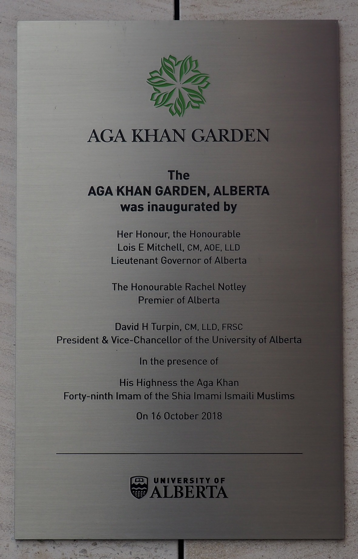 Aga Khan Garden Inauguration Plaque