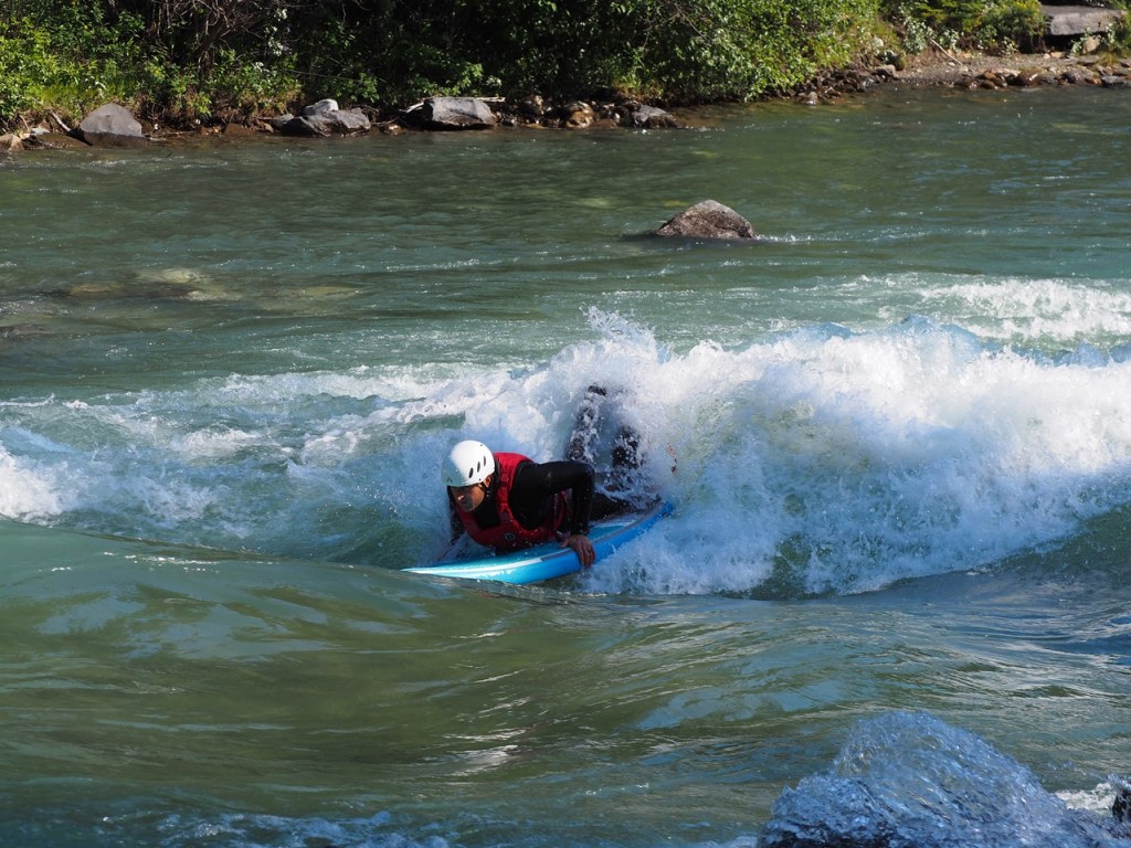 Surfing Kananaskis River Rapids, Canoe, Meadows Kananaskis Trail, Hwy 40