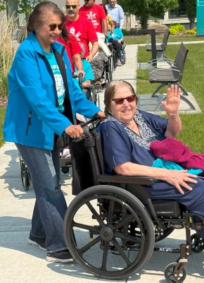 Care residents on walkers and wheelchairs in support of the Aga Khan Foundation World Partnership Walk, Generations Calgary, June 8, 2025. Photograph: Malik Merchant / Simerg Photos.