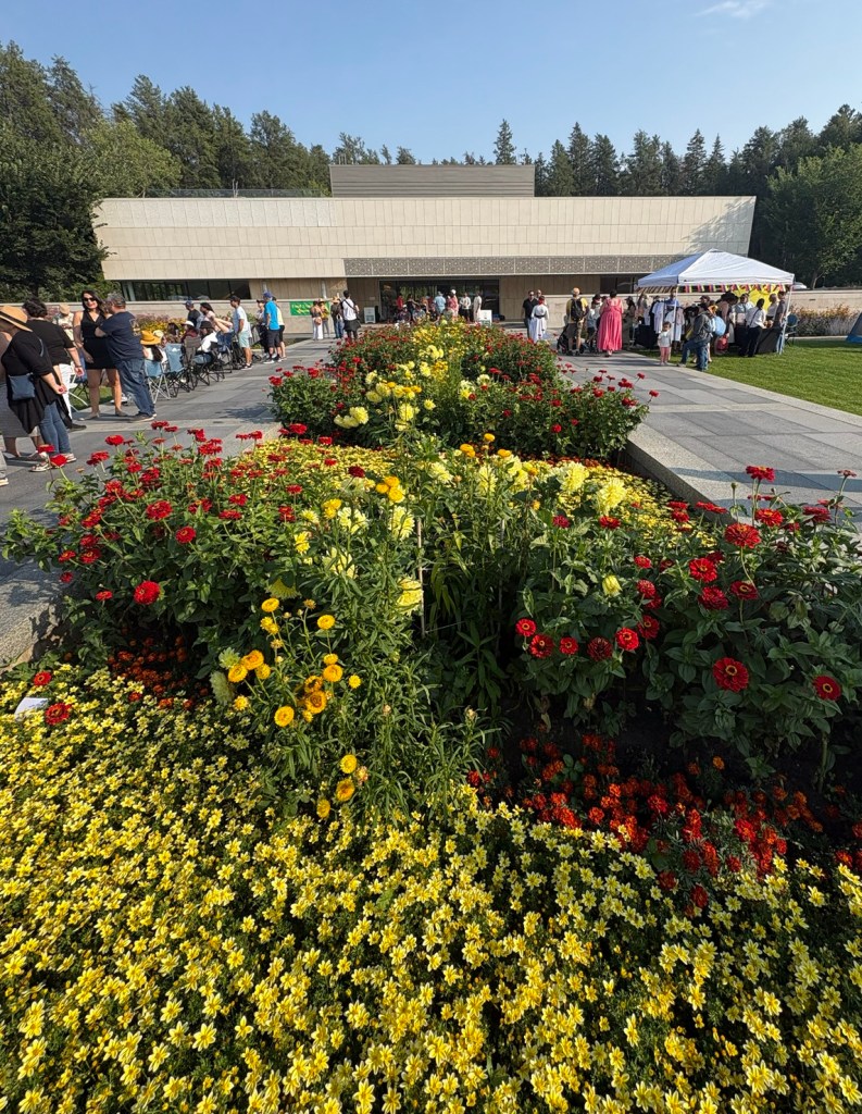 Diwan Building and beds of flowers, Aga Khan Garden, Alegria Pathways Latin American Culture Festival